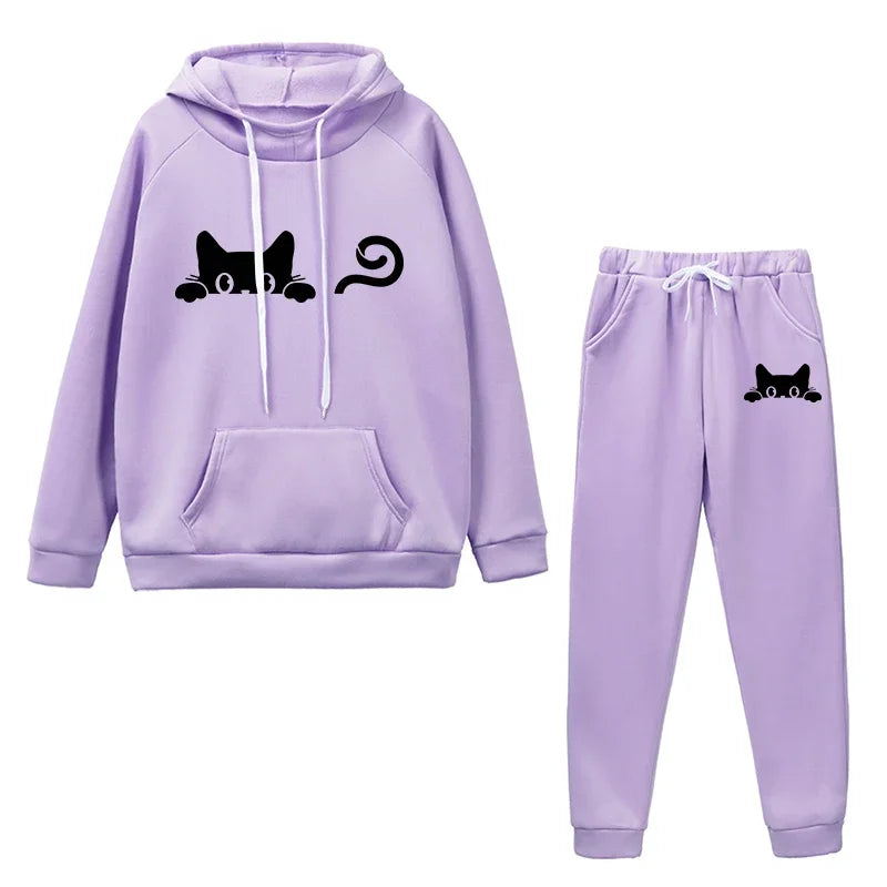 Hot-selling matching outfits for men and women, cute cat print casual hoodie set, daily fitness jogging pants set for men and wo