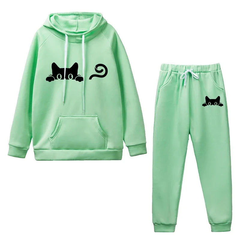 Hot-selling matching outfits for men and women, cute cat print casual hoodie set, daily fitness jogging pants set for men and wo