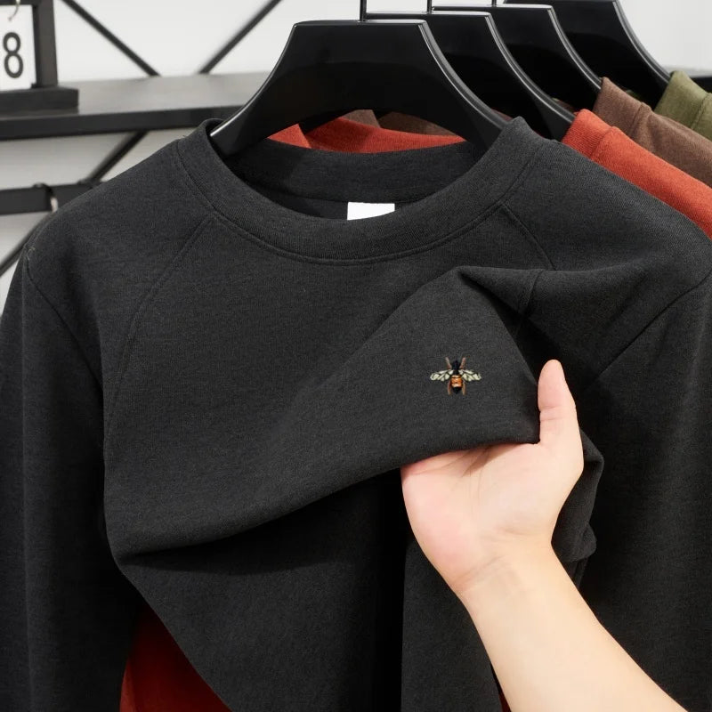 High end brand's new double-sided velvet comfortable T-shirt autumn and winter 2025 men' exquisite bee embroidered warm pullover