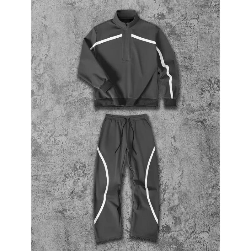 Stand Collar Jacket Men's Retro Splicing Loose Sports Casual Jacket Elastic High Waist Trousers Suit