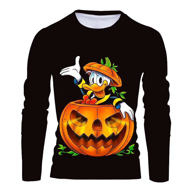2025 New Horror Halloween Collection Streetwear Disney Stitch and Mickey 3D Printed Casual Men's Crew Neck Long Sleeve Tee