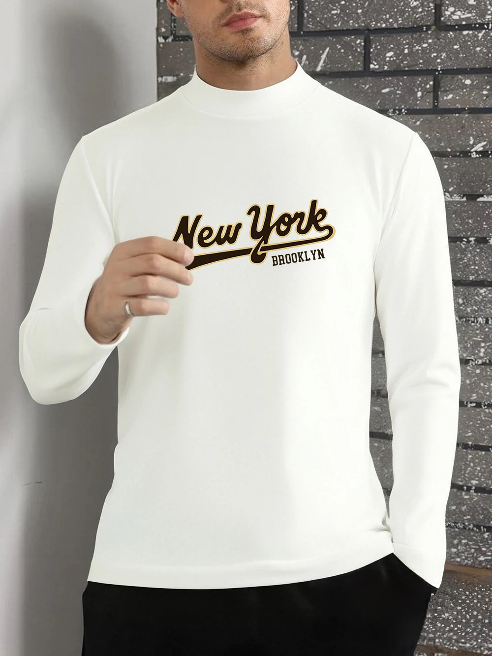 New York Brooklyn Printed T-Shirts Men Winter Fleece Tops Slim Fit Warm Half Turtleneck Bottoming Shirt Casual Men'S Clothes