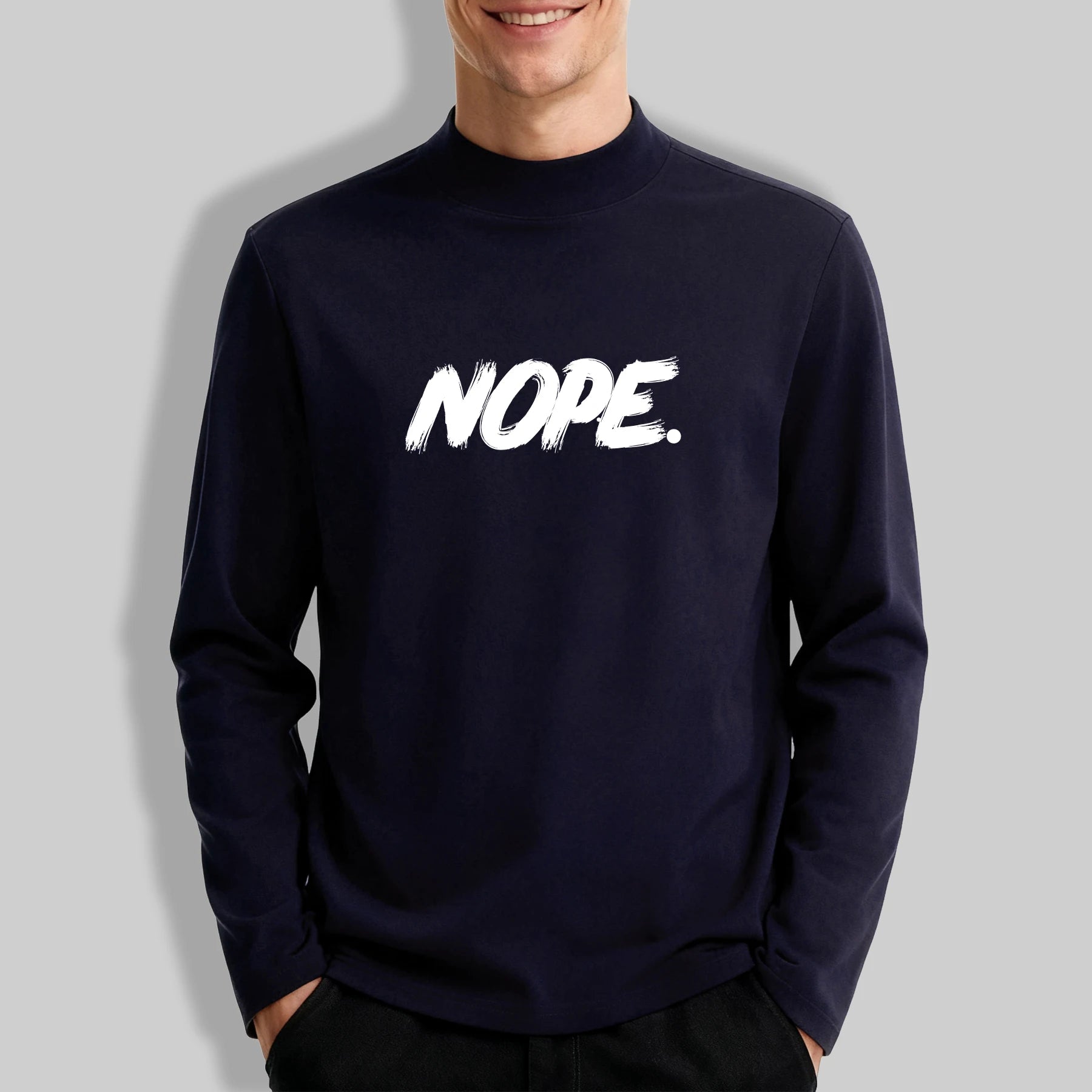 Artistic Letter Nope Print Mock Neck Top For Men Autumn All-Match Outdoor Tee Simple Fashion Clothing Unisex Vintage Long Sleeve