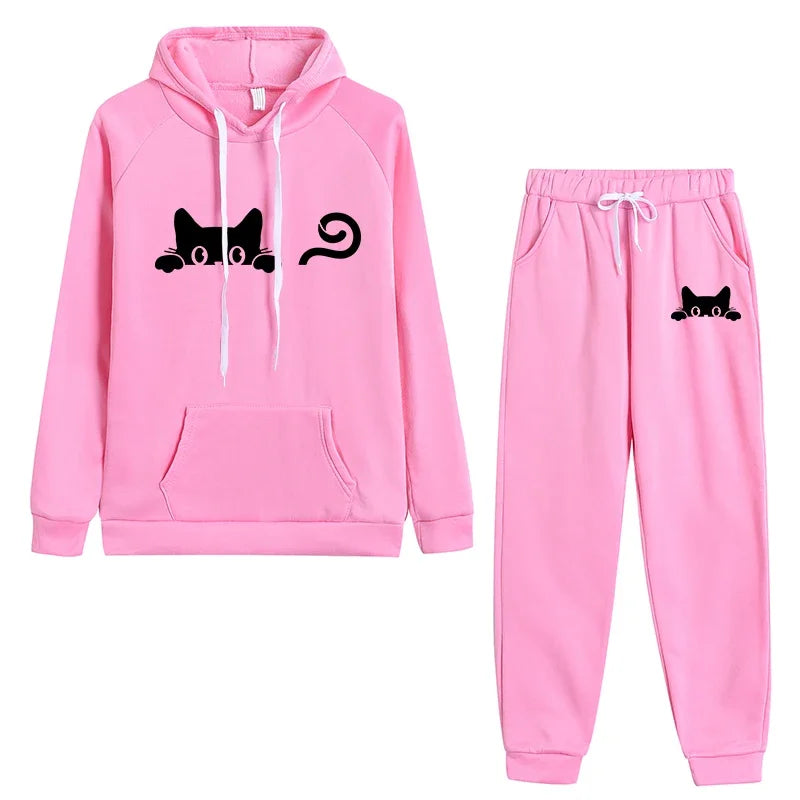 Hot-selling matching outfits for men and women, cute cat print casual hoodie set, daily fitness jogging pants set for men and wo