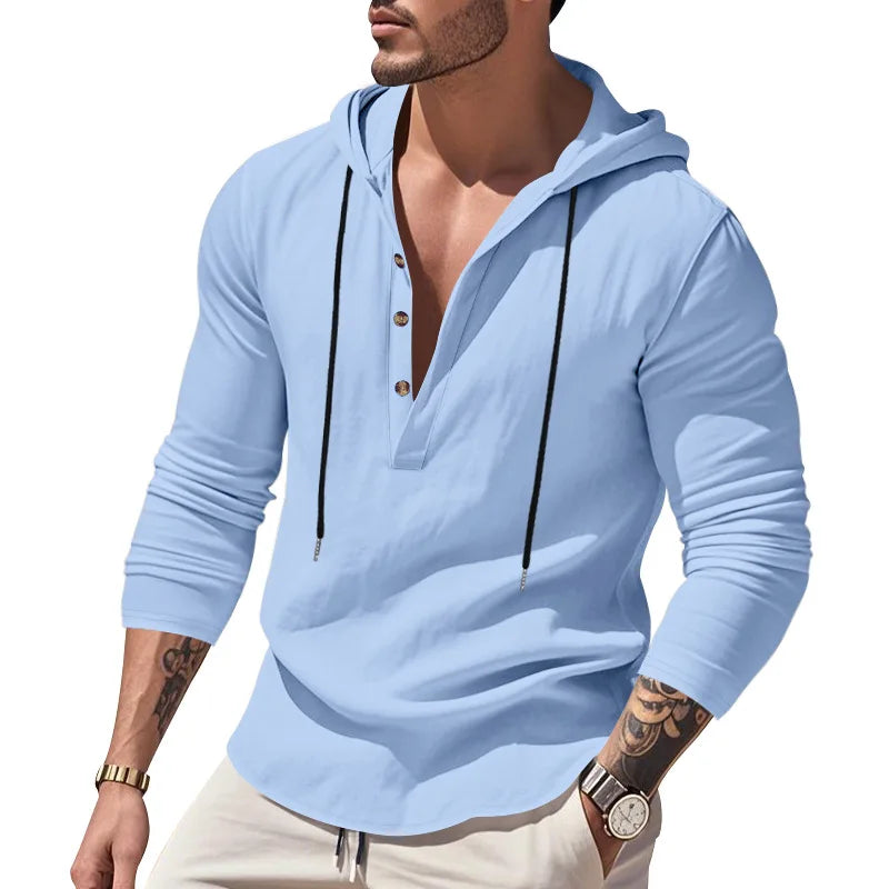 Men's Long Sleeve Tops Drawstring Hoodies Casual Cotton Linen Solid Color Casual Shirts Loose Pullover Sweatshirts Coat Outwear