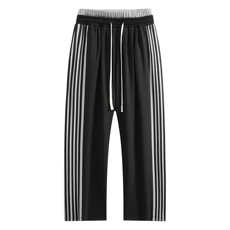 Men's Casual Pants Striped Spor Wide Leg Drapey Feel Patchwork Waist Design Comfortable Straight Cut Everyday Trousers