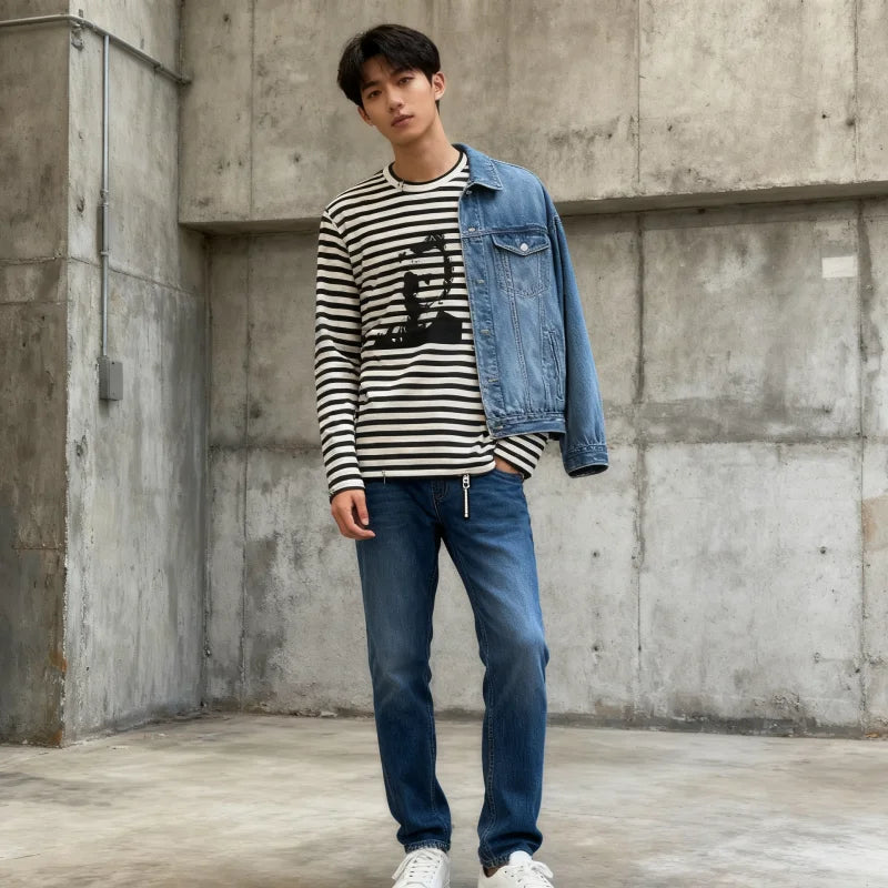 2025 New style dark black printed T-shirt, round-neck long-sleeved pullover, streetwear y2k men's and women's top